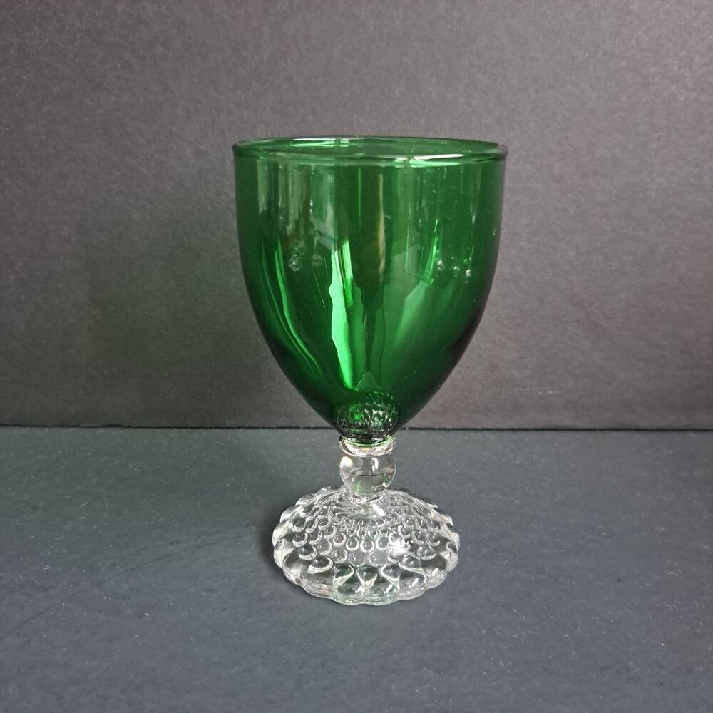 Anchor Hocking Bubble Foot Green Wine Glass 4 5/8" Vintage Emerald Goblet USA